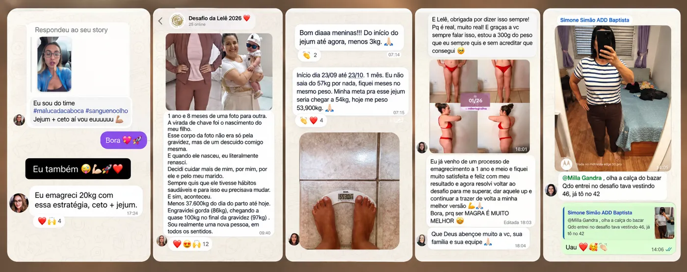 Prints de mensagens de alunas da comunidade no WhatsApp
