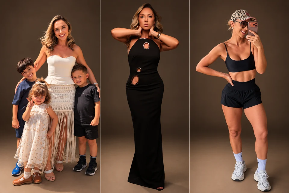Alessandra Marquiori hoje, em uma montagem de três fotos com a família, de vestido e com roupa de treino